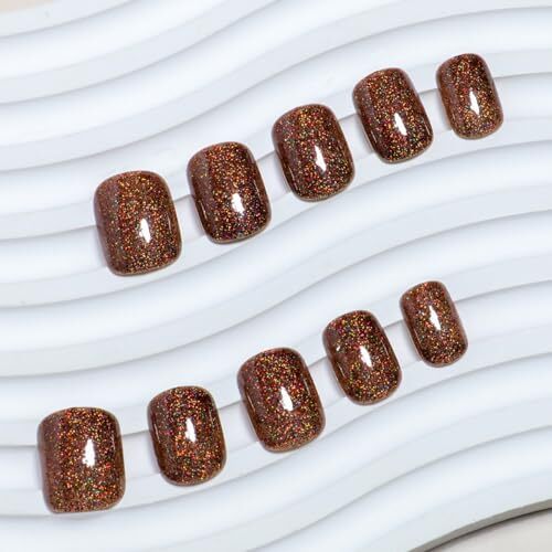 Brown Glitter Press on Nails Short Square Fake Nails Glitter Press ons Style7