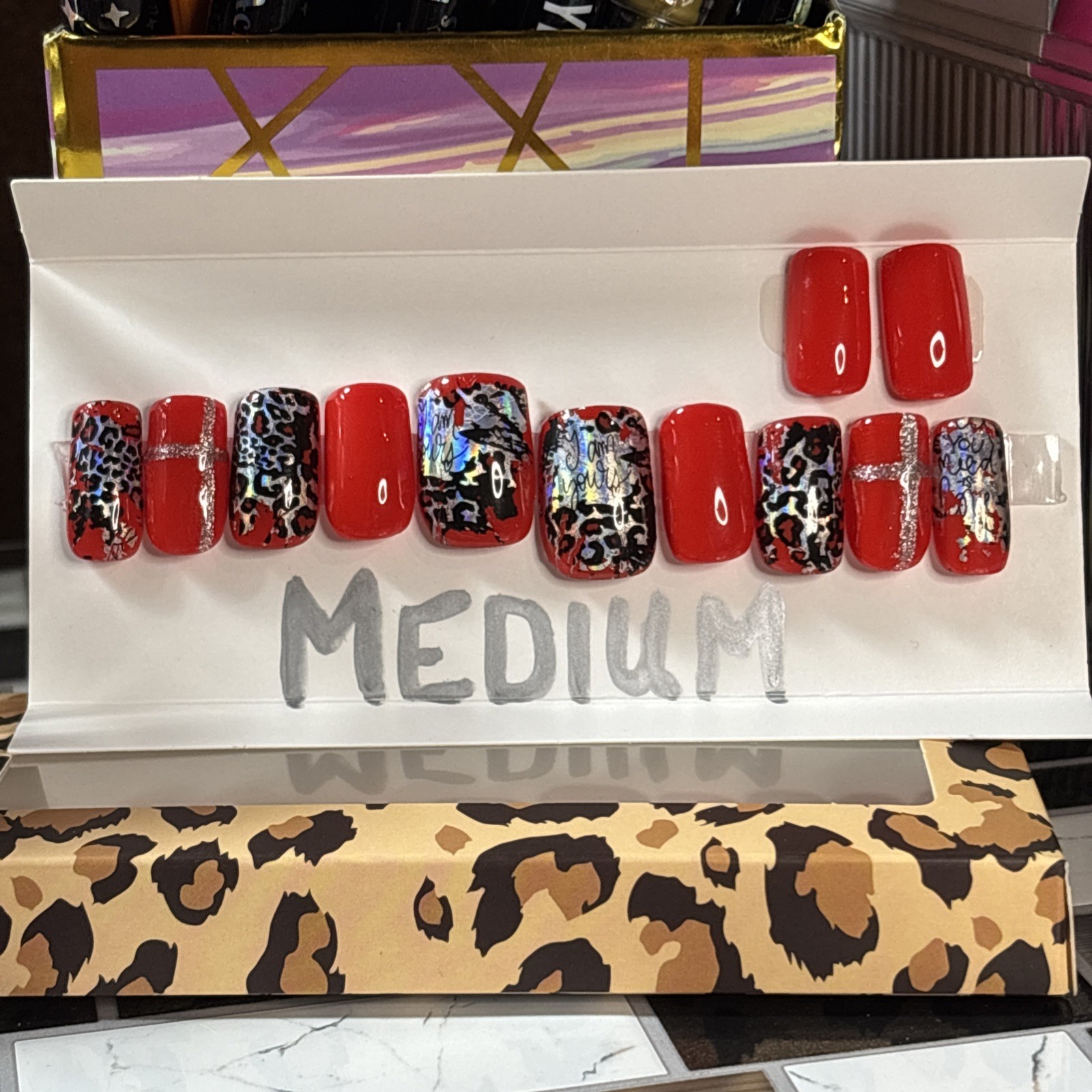 Press-On Nails Sz. Med-Square Red,Black&Silver w/Foil/glitter accents