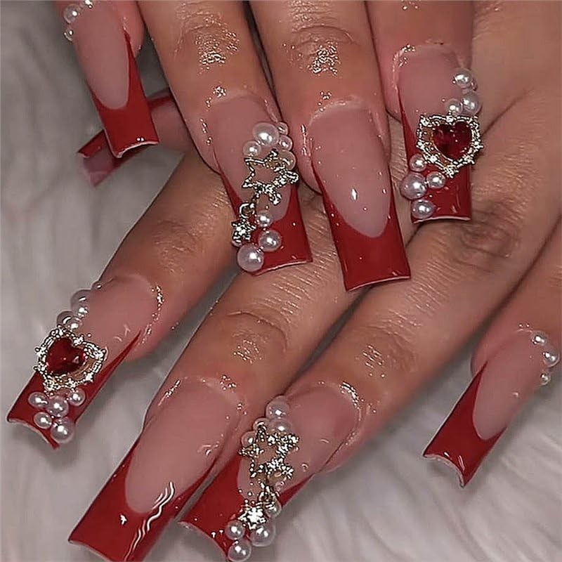 Long Square Press on Nails Fake Nails Artificial Nail Stick on Nail for , Red…