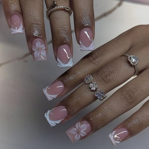 White French Tip Press on Nails 3d Flower Fake Nails with Design Short Square