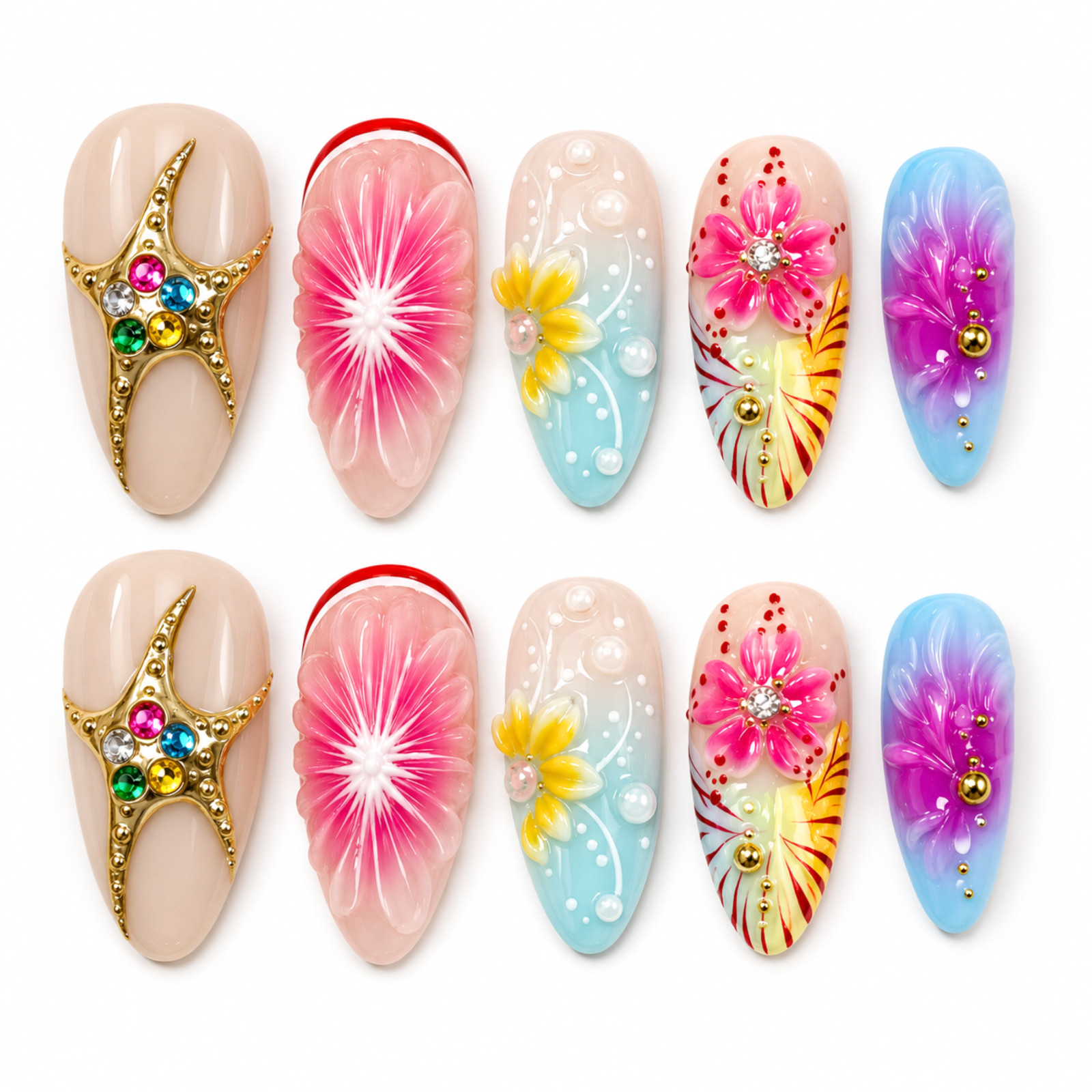Handmade 3D Floral Starfish Press On Nails Summer Ocean Nail Set