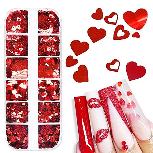 Red Heart Nail Art Glitter Sequins for Valentine’s Day Nail Art Red heart