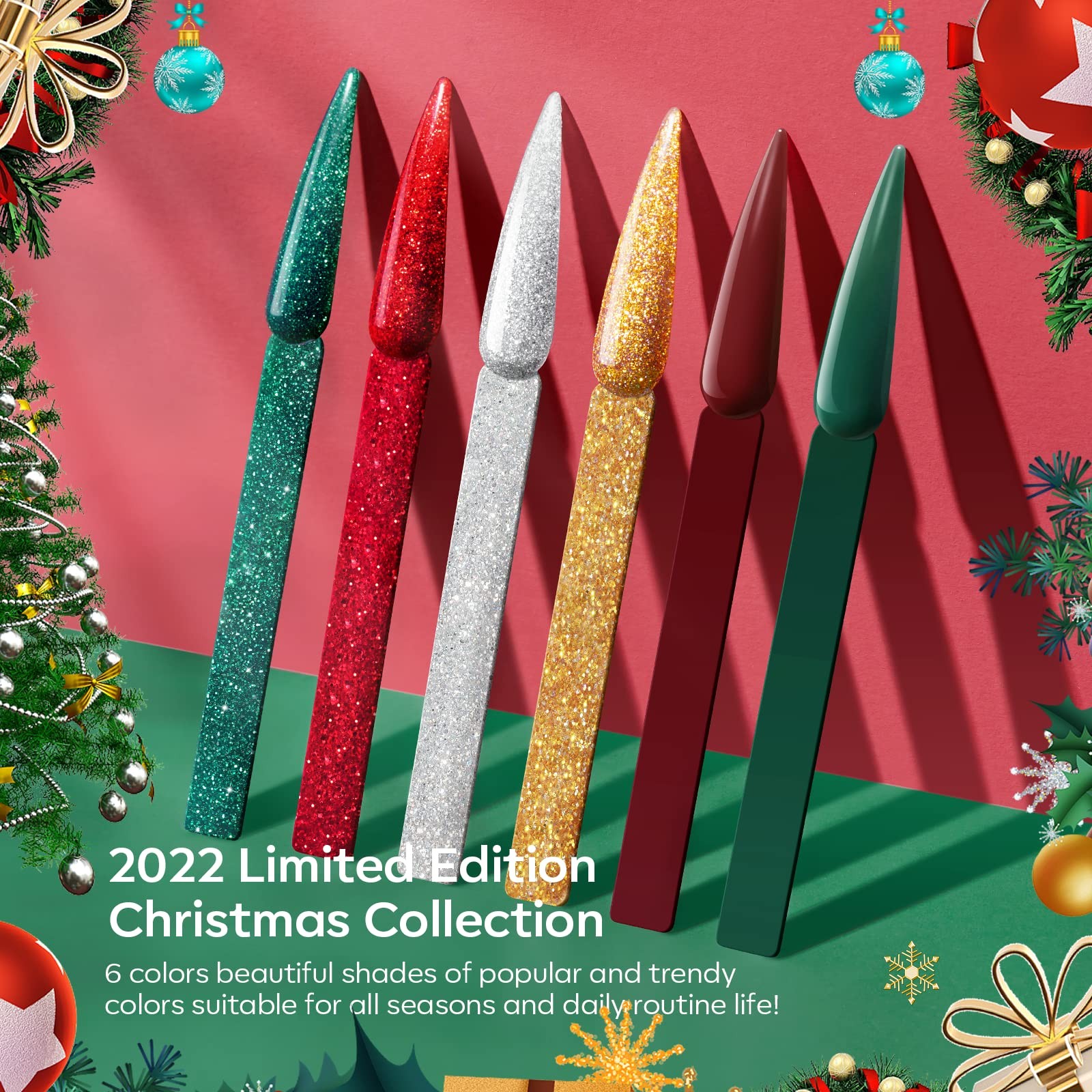 Christmas Colors Acrylic Powder Kit – 6 Colors Golden Glitter Yellow Green Da…