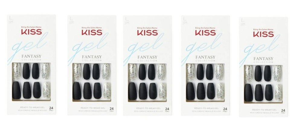 (Pack 5) Kiss Gel Fantasy Collection 24 Count Black/Sparkle Long Length