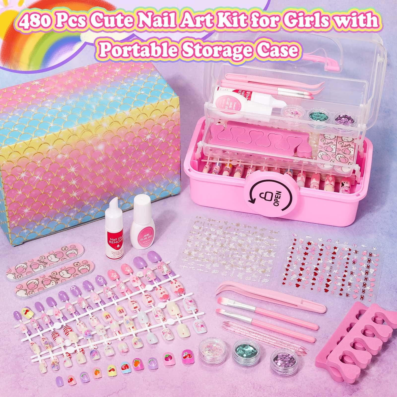 480 Pcs Kids Nails and Glue, Girls Press ons Nail Art Kit with Storage Case, …