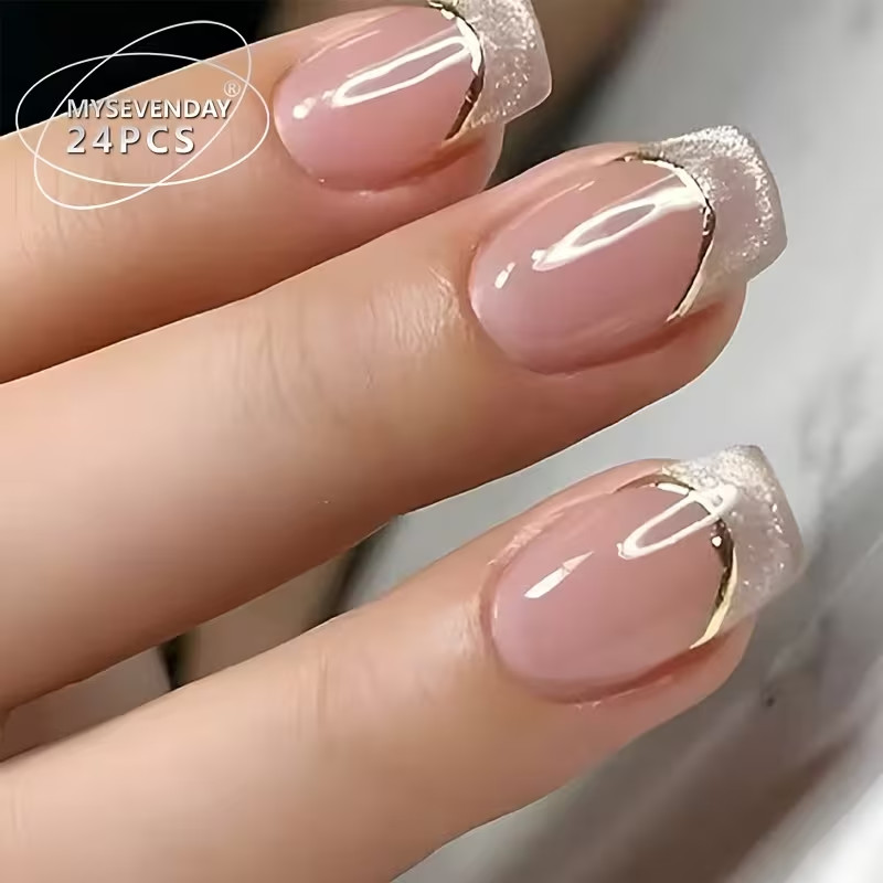 24pcs Medium Square Press-On Nails, French Tip Gradient Glossy, Parties, Events