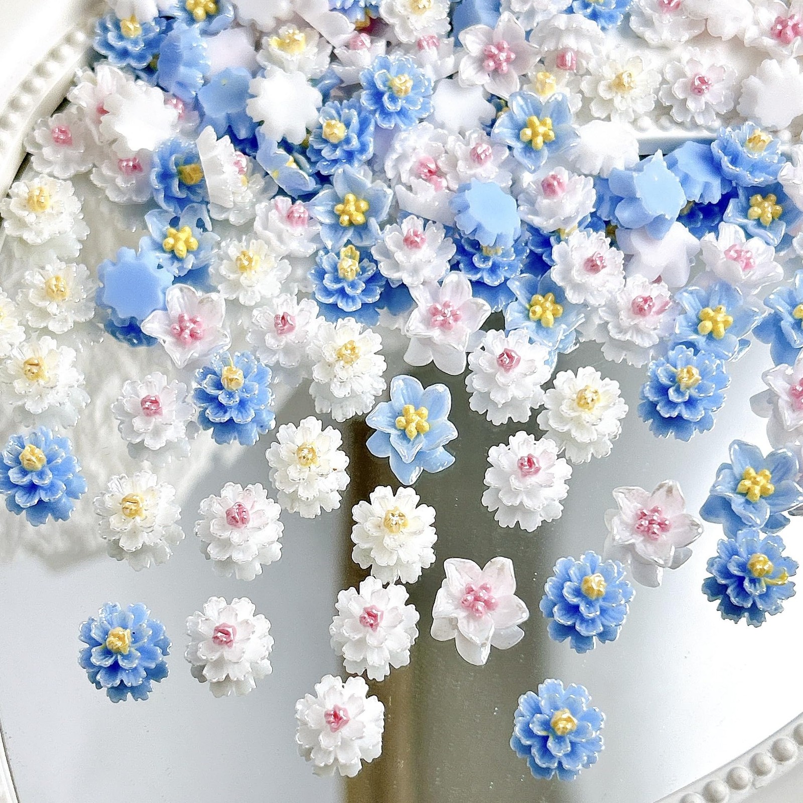 50PCS Flower Nail Art Charms 3D White Blue Roses Camellias Nail Charms DIY Re…