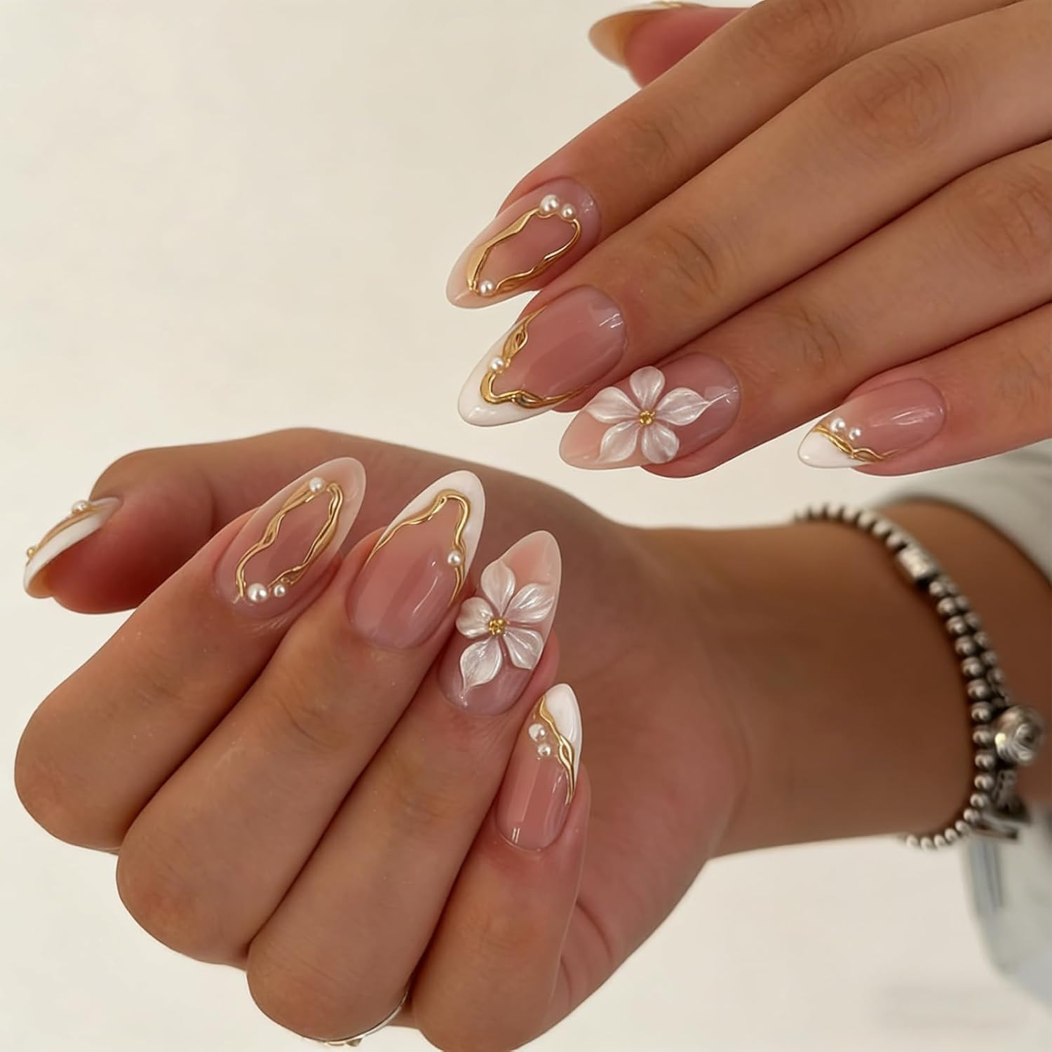 24Pcs White Flower Press on Nails Almond – Medium French Tip Fake Nails with Emb