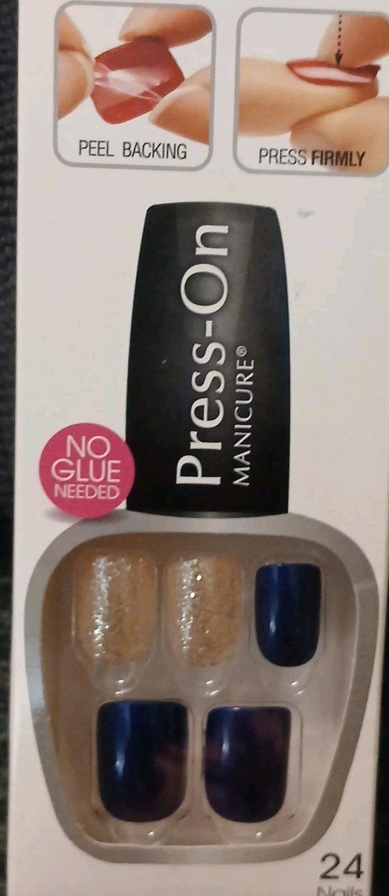 Kiss Press-On Manicure 24 Short Square Tip Nails- Royal Blue Gold Glitter Accent