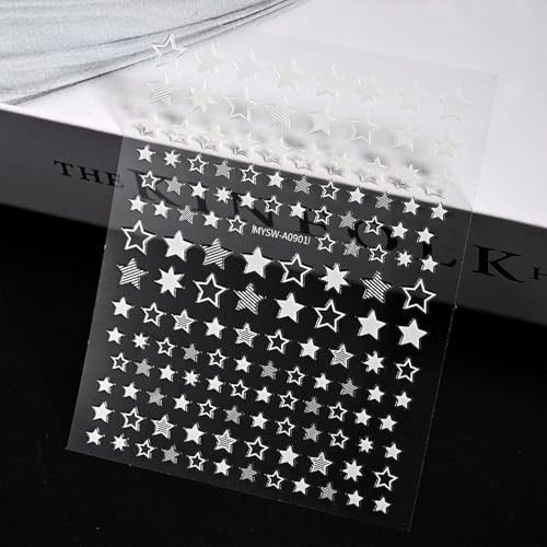 12 Sheets White Blue Red Star Nail Art Stickers 3D Self Blue White Red Star