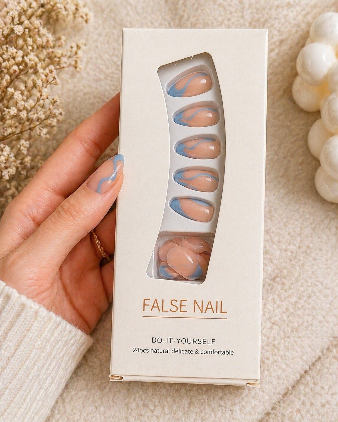 💙Press On Nails Nude Pink Blue Swirl French Tip 24pc Reusable Glam Set✨