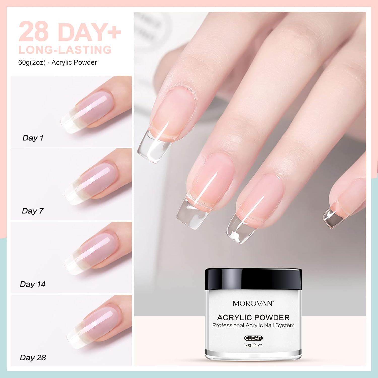 Morovan Acrylic Nail Powder Set: 4 Colors Clear Nude Pink White Acrylic Powder f