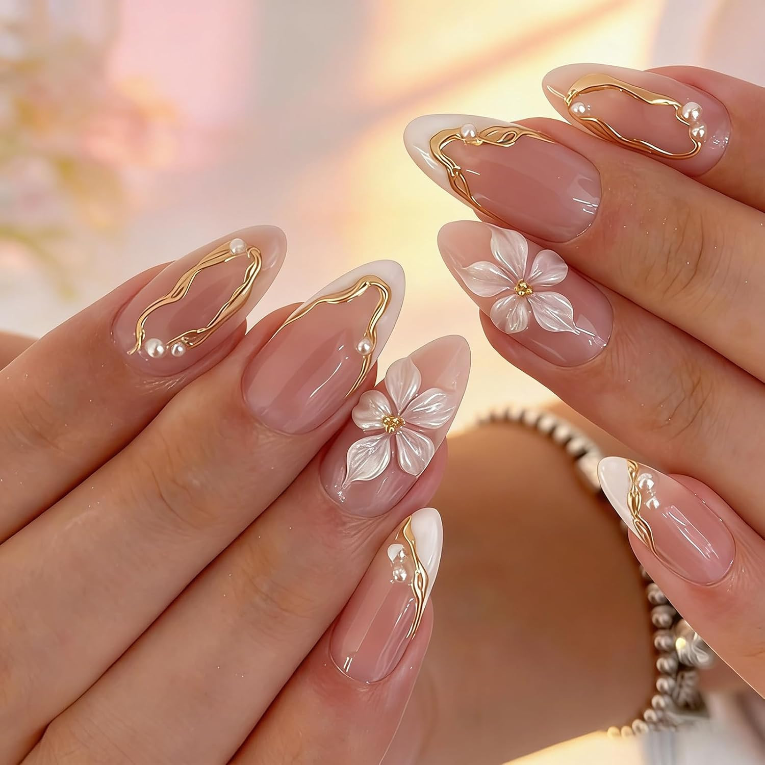 24Pcs White Flower Press on Nails Almond – Medium French Tip Fake Nails with Emb
