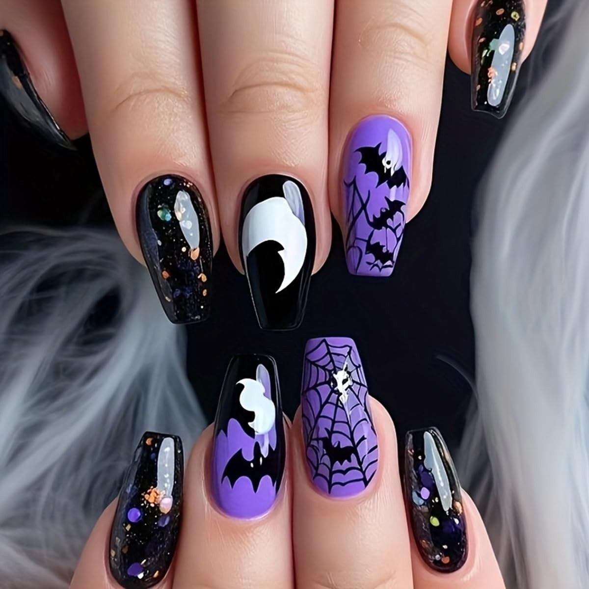 24Pcs Halloween Press on Nails Medium Square Black Fake Nails Coffin Nail Art…