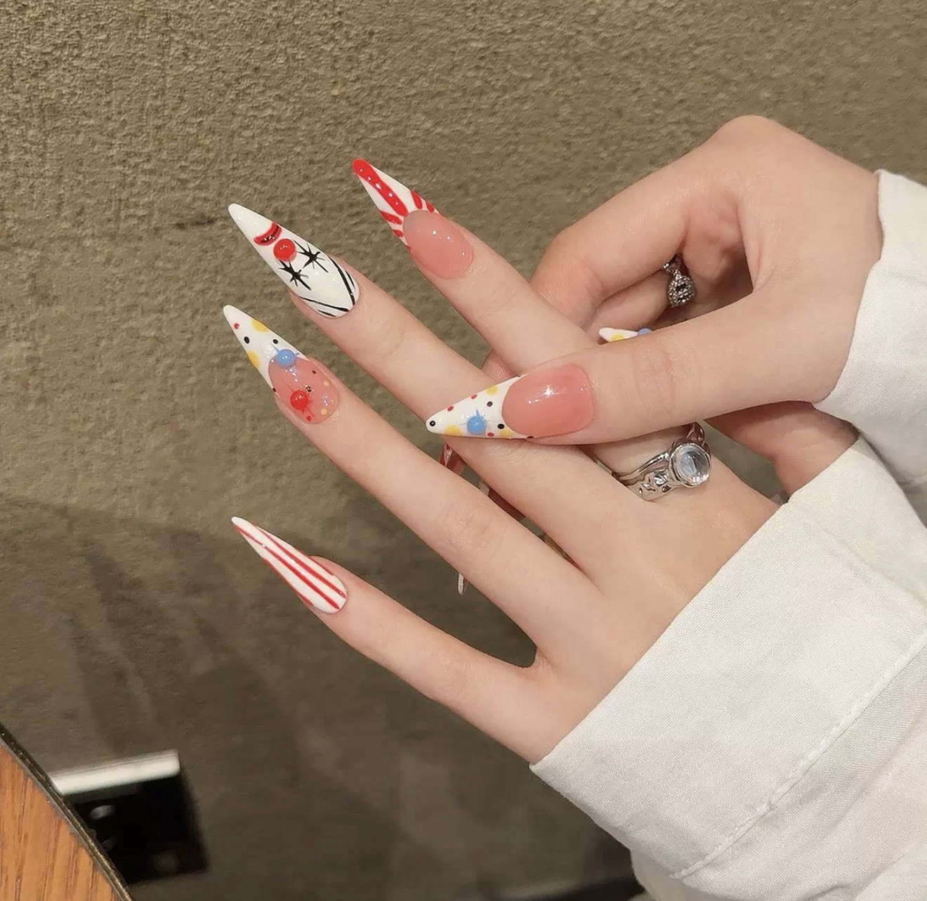 Reusable Set of Multicolor Clown Theme Long Stiletto Press-On Nails Full Cover