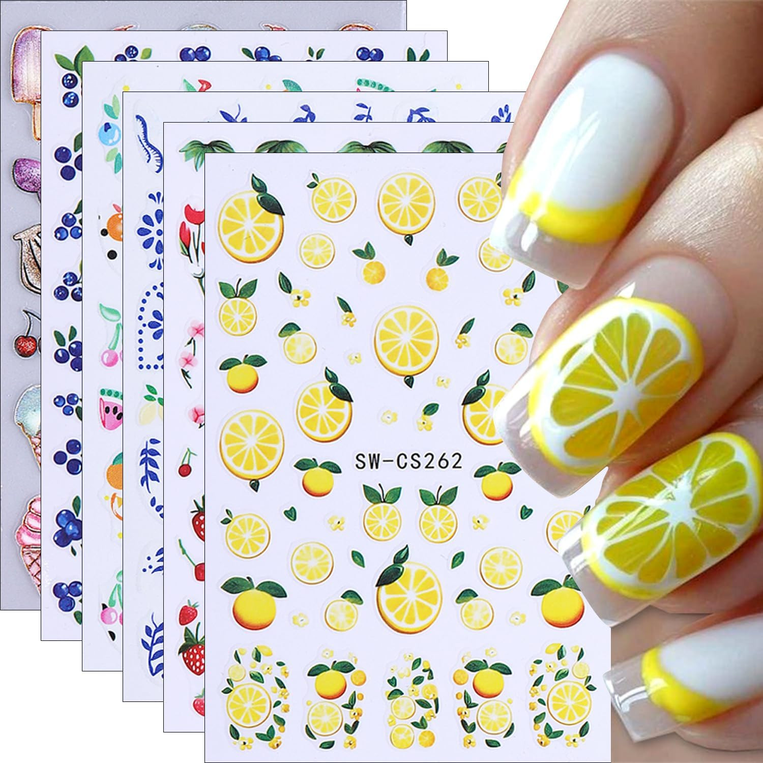 6 Sheets Fruit Nail Art Stickers Decals for Women | Lemon Strawberry Blueberry B