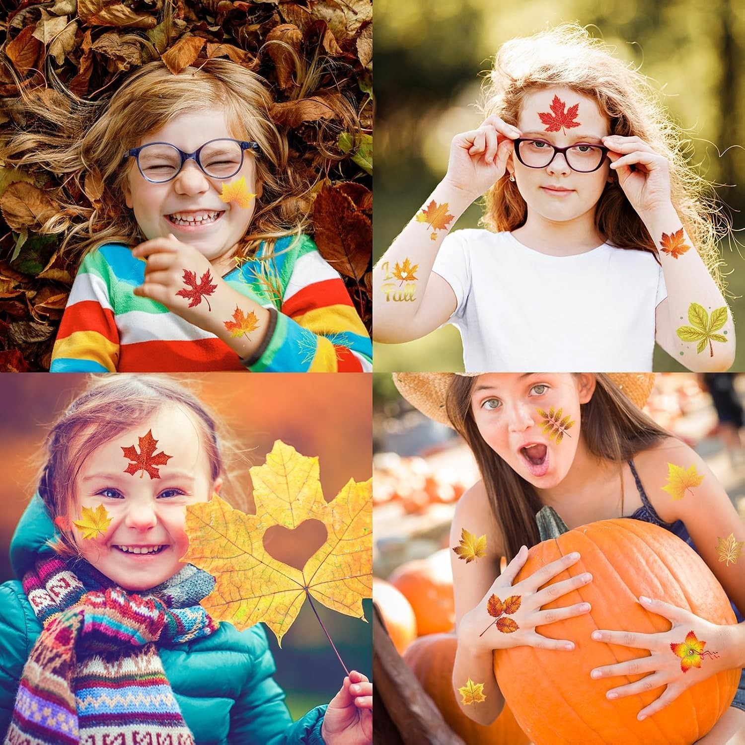 72pcs Glitter Fall Leaves Temporary Tattoos Autumn Harvest Tattoos Stickers f…