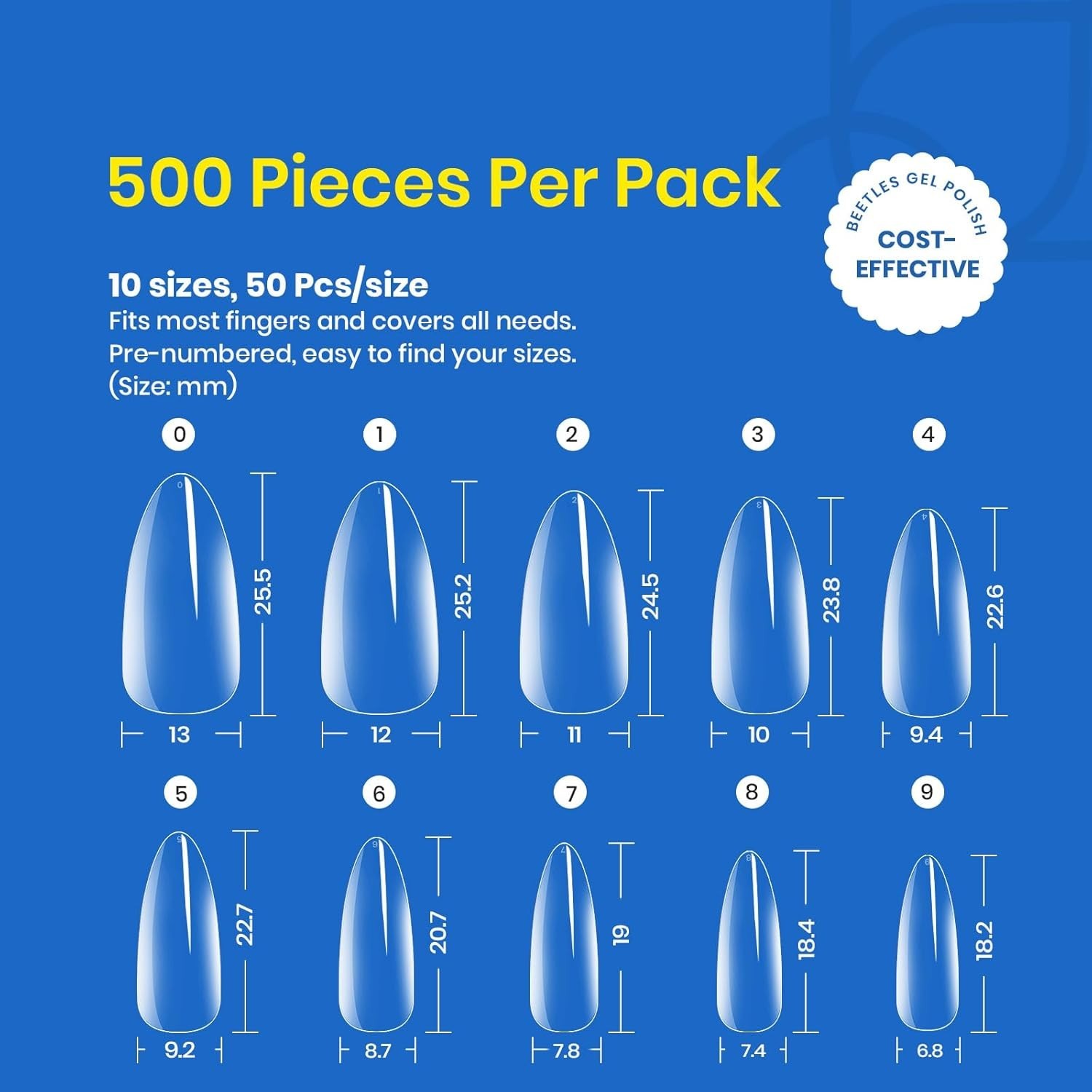 Beetles 500Pcs Medium Almond Gel Nail Tips – Clear Full Coverage Extensions