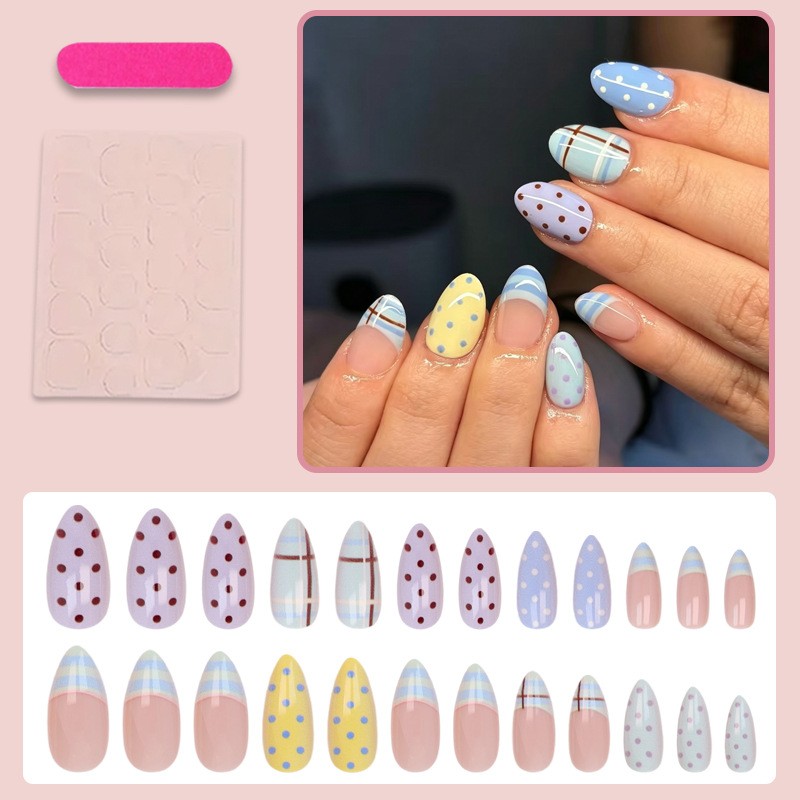 48Pcs-Medium Almond Blue Purple Yellow Polka Dot Plaid Fake Press on Nails Set