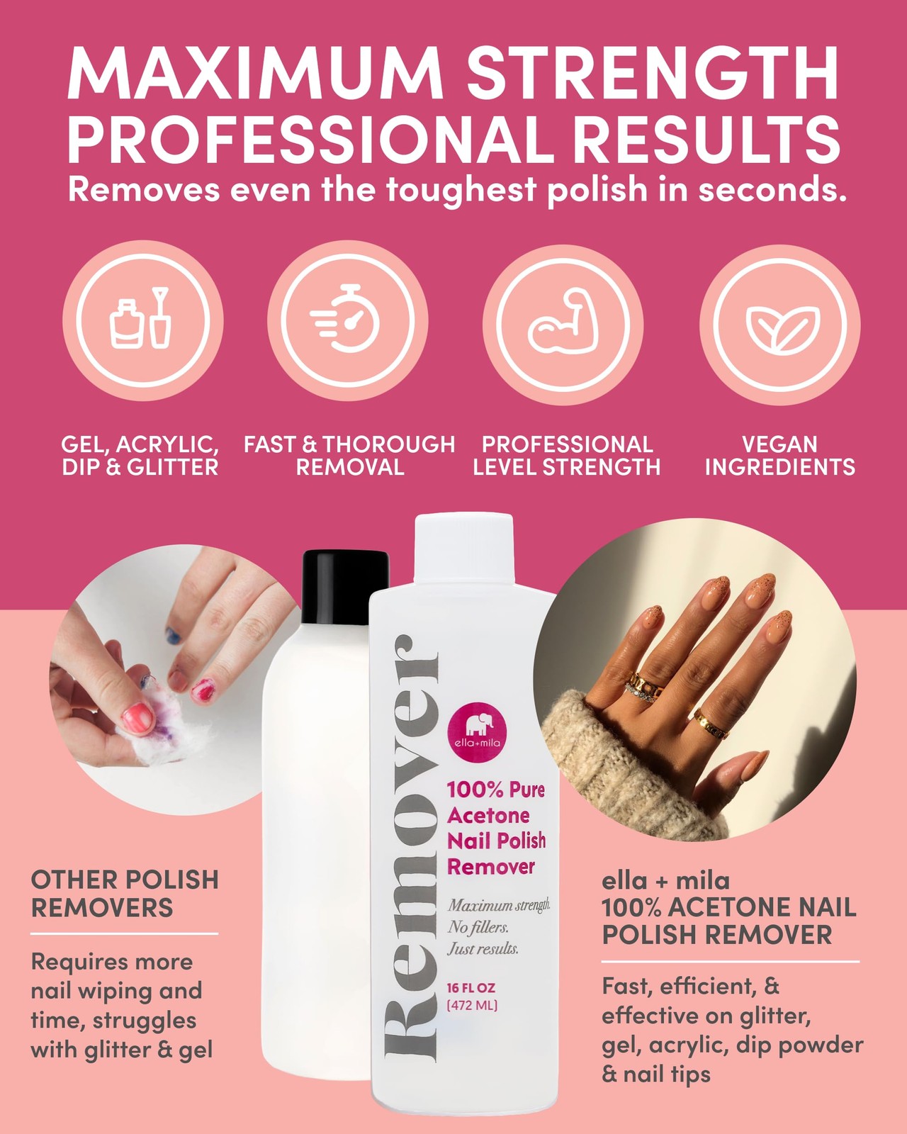 ella+mila 100% Pure Acetone Nail Polish Remover – 16 Fl Oz (Pack of 1)