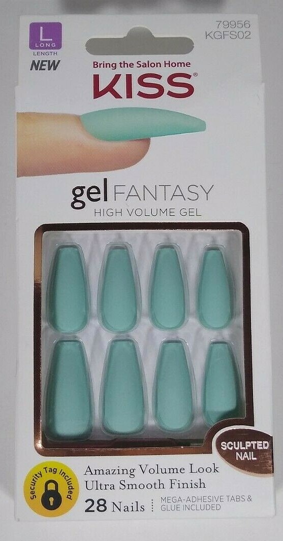Kiss Gel Fantasy Glue On Full Cover Long Length Matte Mint Green Nails 79956