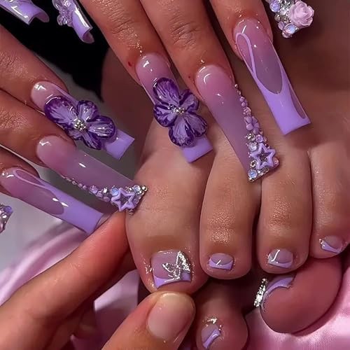 Long Press on Nails Square + Press on Toenail Purple French Tip Fake Style23