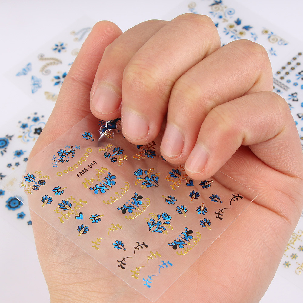 3 Sheets (random) 3D Nail Sticker Blue Gold Silver Butterfly Flower Lace Decals
