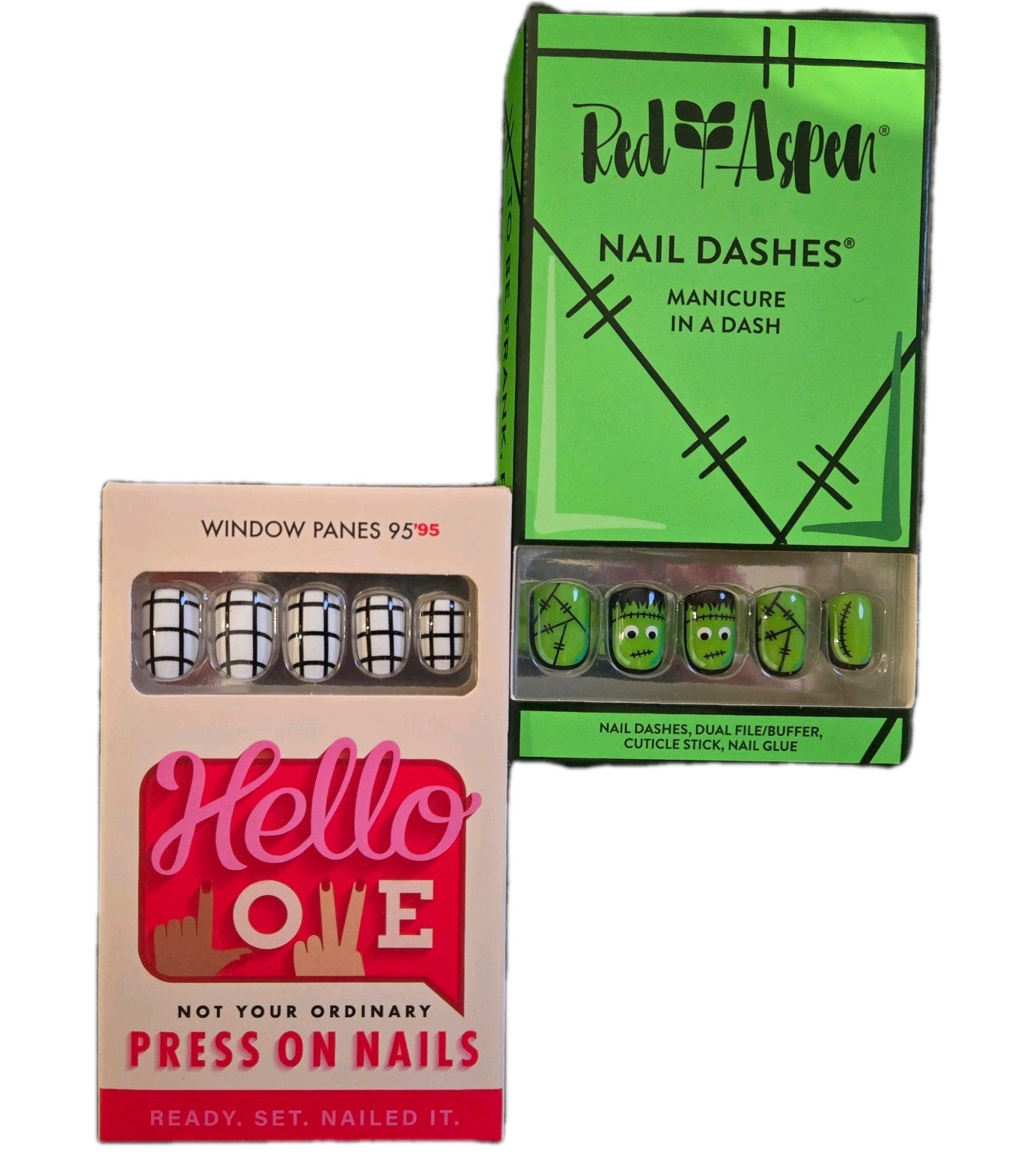Red Aspen Nail Dashes To Be Frank Ferris, Hello Love Window Panes Press-On Nails