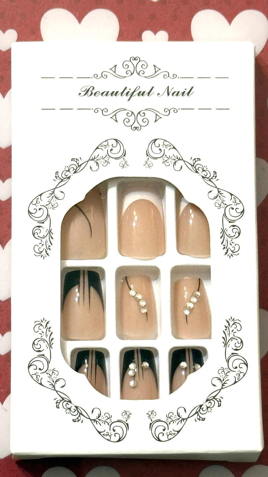 Beautiful Nail NUDE with BLACK & WHITE FRENCH with STONE DETAIL Press On Mani
