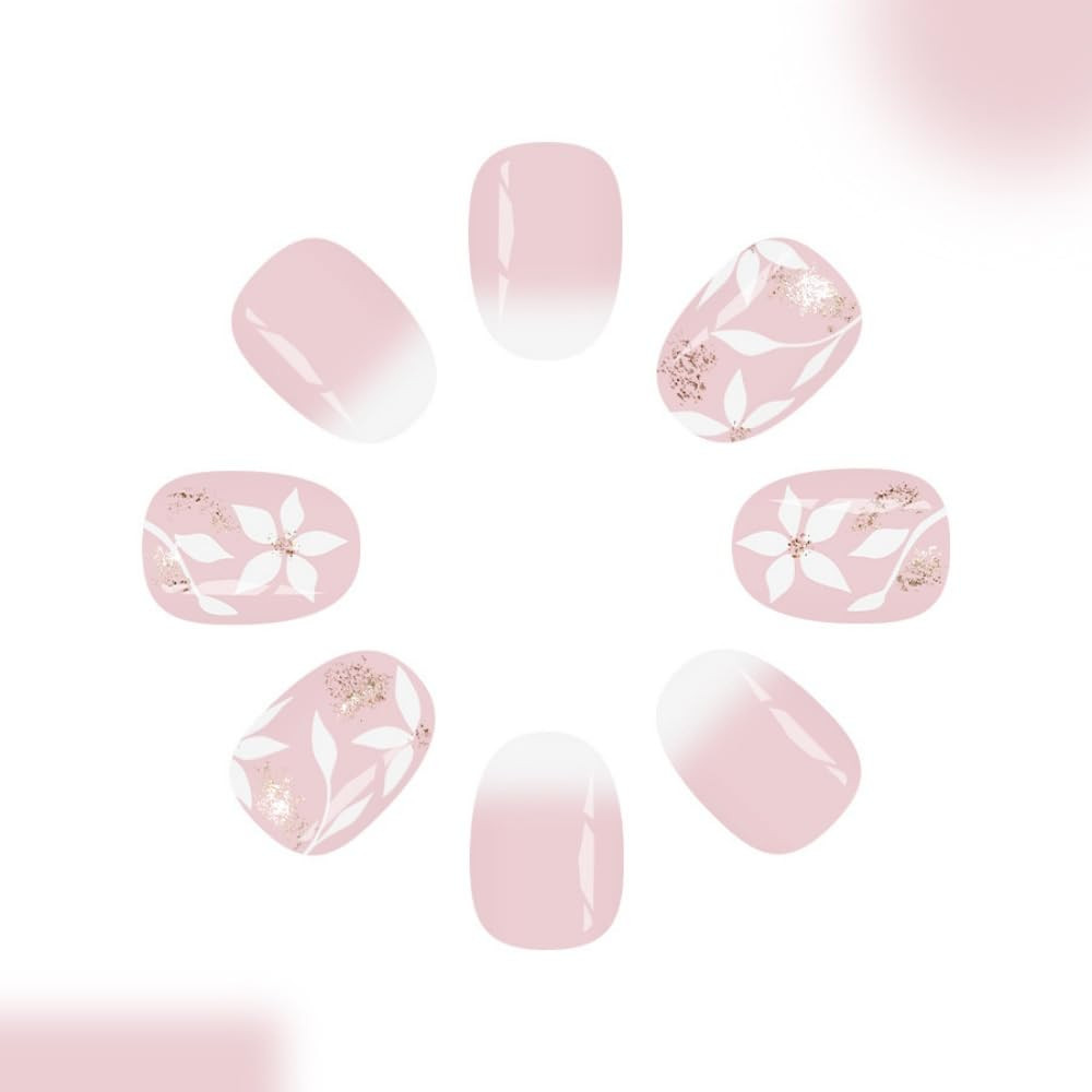 Flower Press on Nails Short Oval Fake Nails with Glitter Design Glossy Ombre