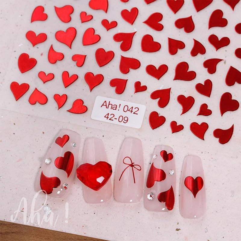 Red Heart Nail Stickers for Nail Art Metallic Valentines Day Nail Decals 3D