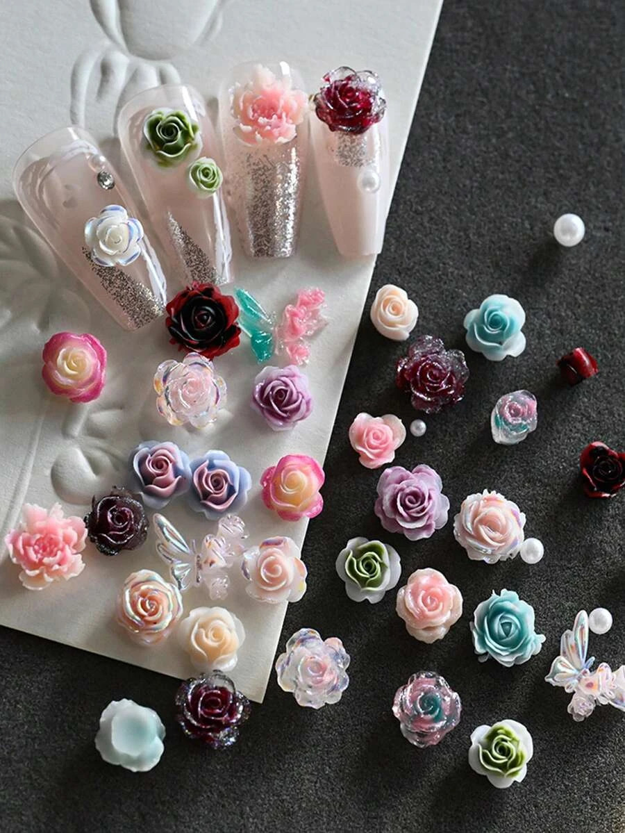 3D Flower Nail Charms Acrylic Petal Rhinestone Nail Art Decorations