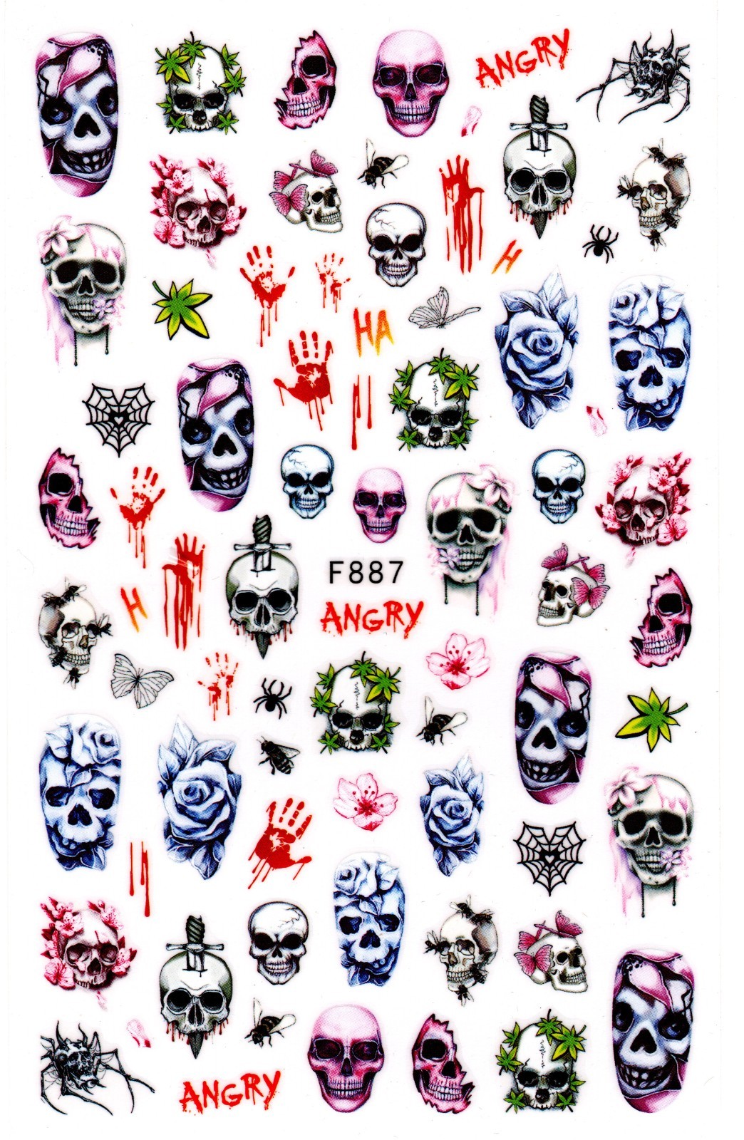 Nail Art 3D Decal Stickers skull bloody handprints butterfly web F887