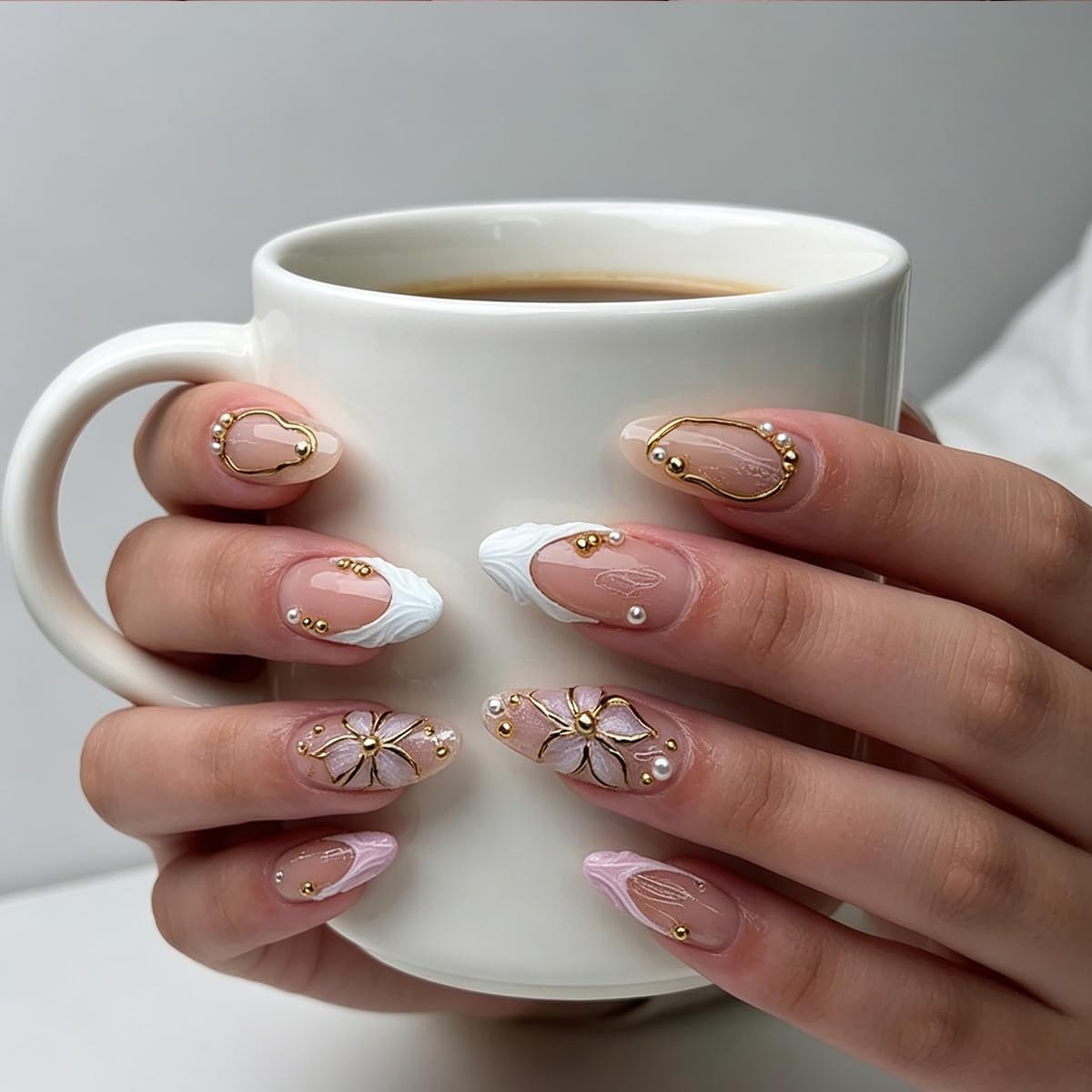 3D Press on Nails White Medium Almond Gilded Flower Pearl Fake Nails Press on…
