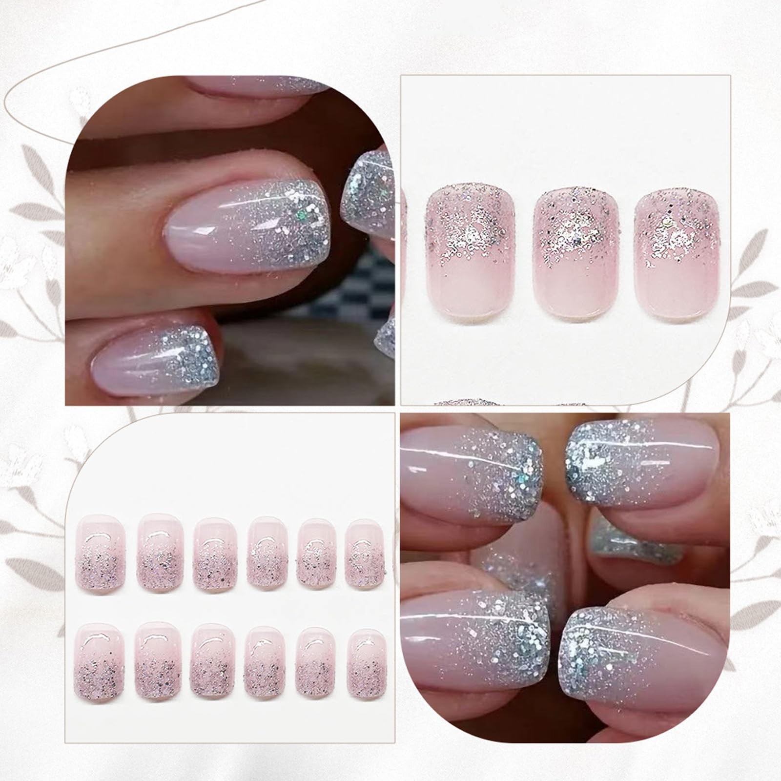 Glitter French Tips Press on Nails Short Square Silver Standard, Multicolor