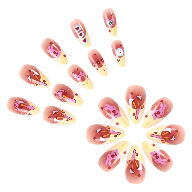 48 Cartoon Rabbits and Heart-shaped Medium Almond Length, Removable Fake Nail
