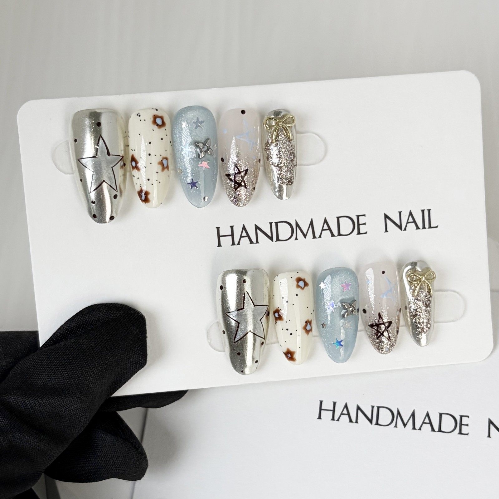 Galaxy Star Glitter Press-On Nails Mismatched Set Handmade Almond Nails Gift