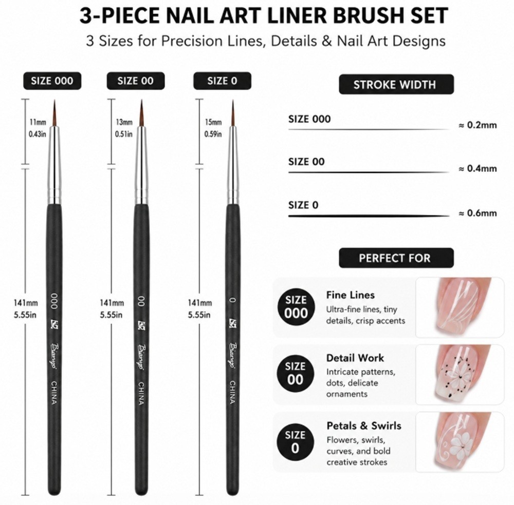 3-Piece Nail Art Liner Brushes Set – Gel Polish Painting Design Brush Pen Kit
