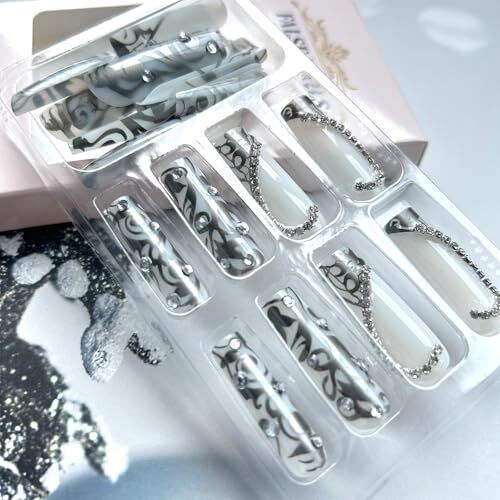 Long Press on Nails Square Fake Nails with 3D Heart Silver French Tips