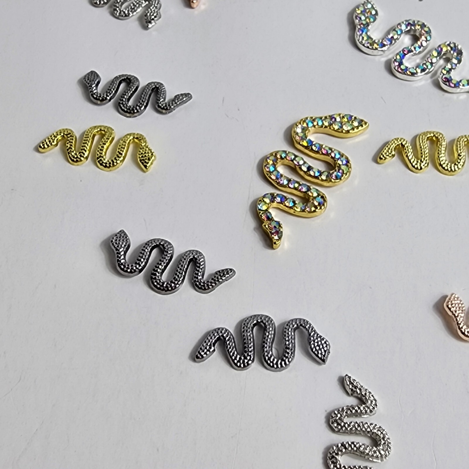 24 3D Metal Snake Nail Art Charms Gold Silver Black Snake Rhinestone Gems Decor