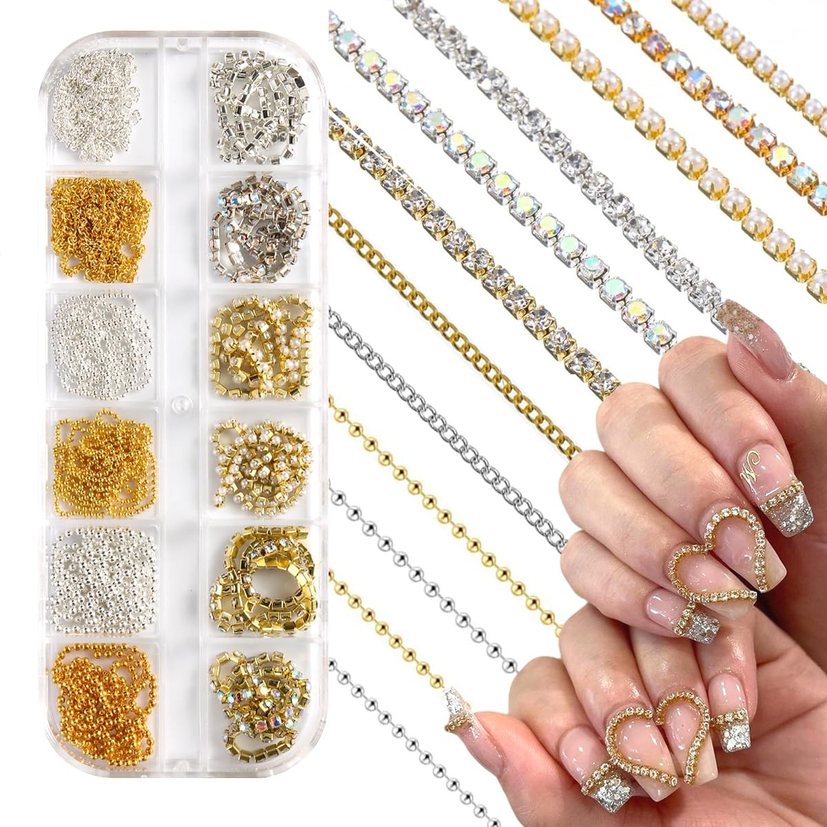 12 Strips Nail Chain Charms, Metal Bangle Nail Art Chains 3D Gold Silver Fren…