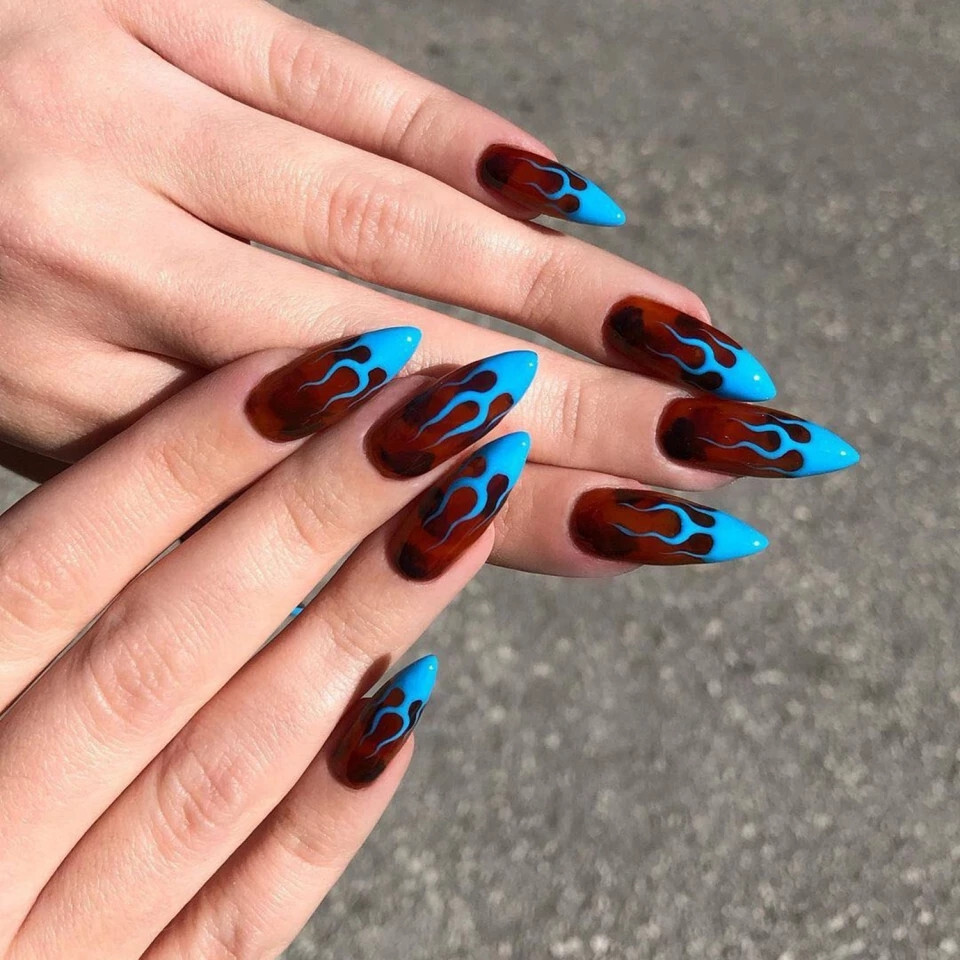 24 Press on nails kit w glue Blue flame french maroon dark almond stiletto goth