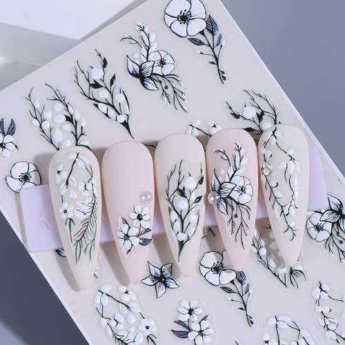 Lace Flower Nail Art Stickers 6 Sheets Black White Floral Black White Flower