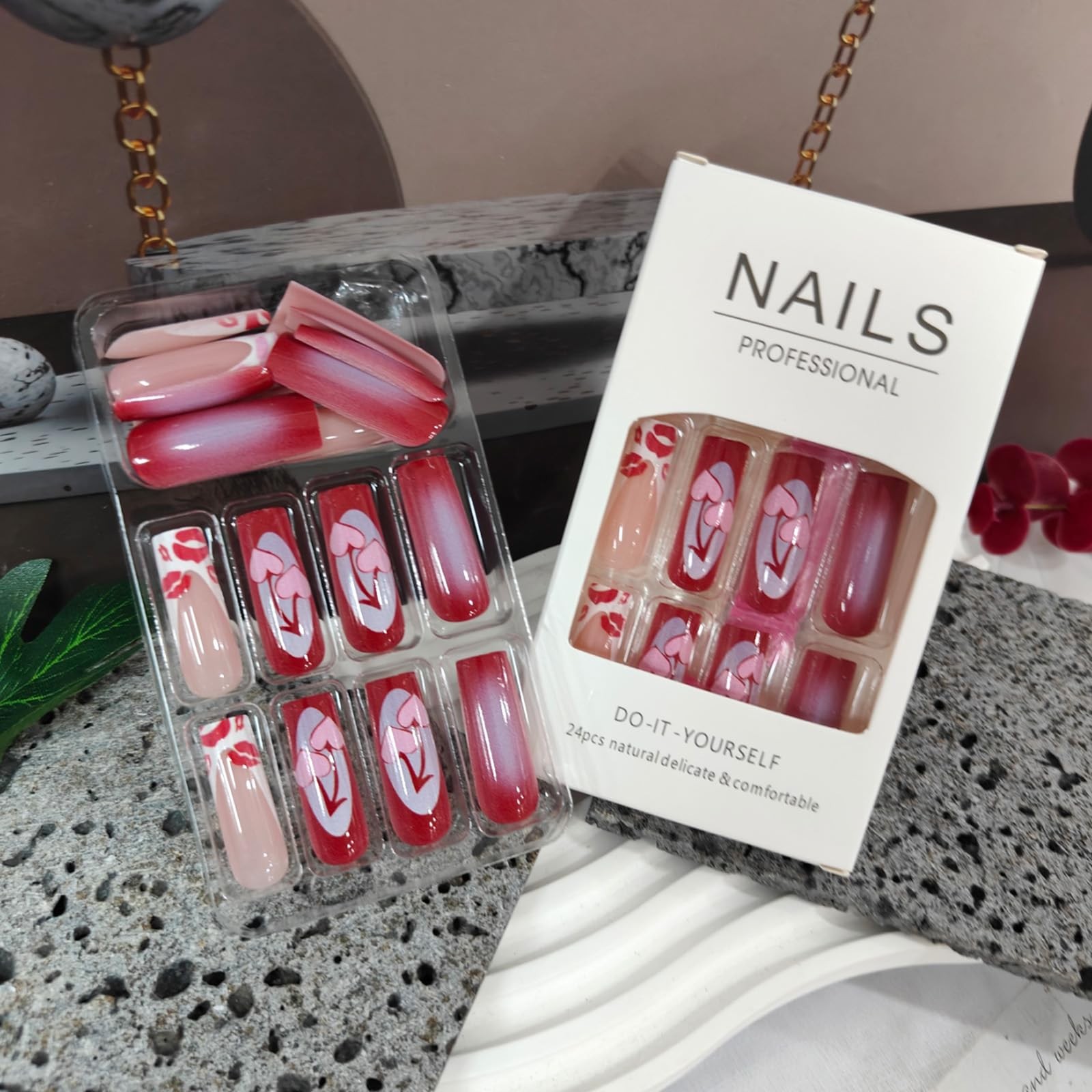 Long Press on Nails French Tip Square Fake Nails with Love Cherry Lip Print D…