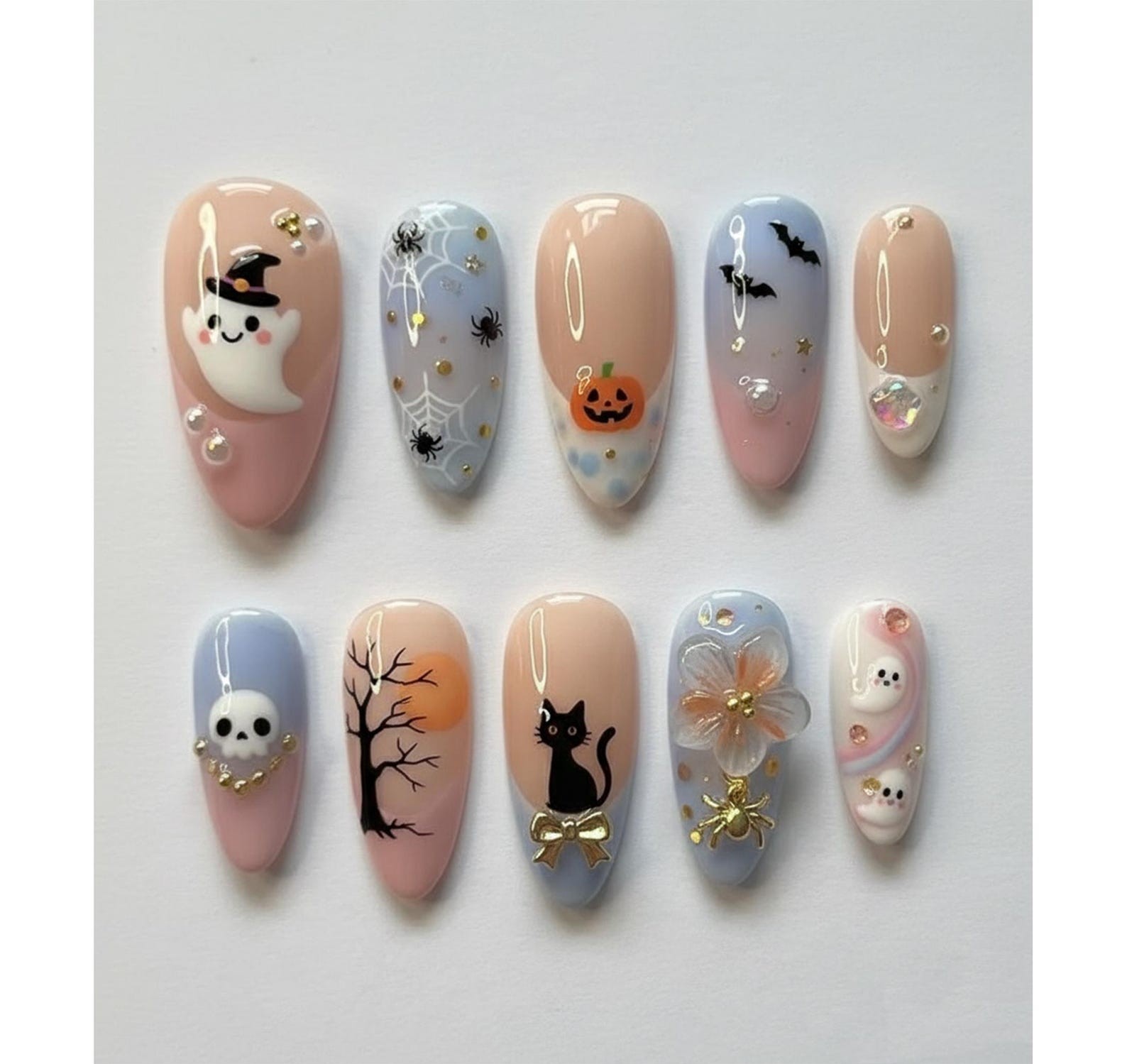 Custom Handmade Halloween Nude Gold Liner Metallic Pearl Almond Press on Nails
