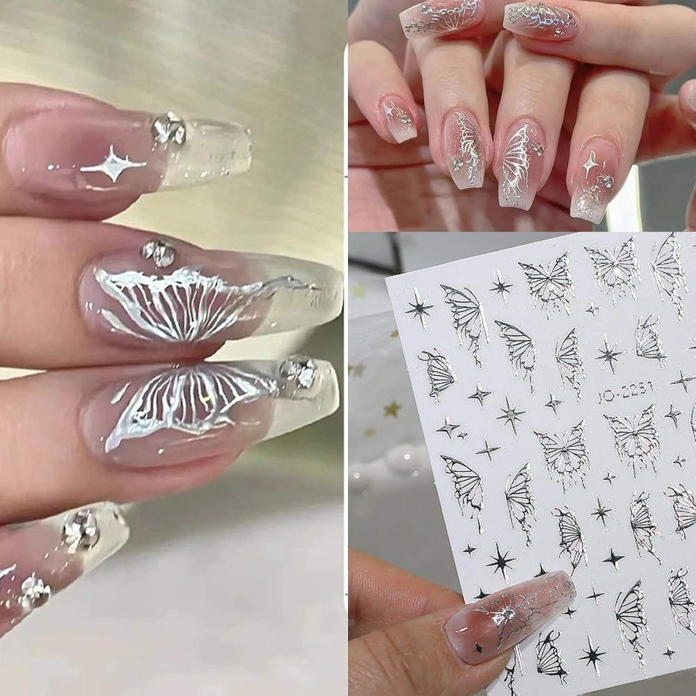 7 Sheets Metallic Silver Nail Stickers Nail Art for Women 3D Star Nail