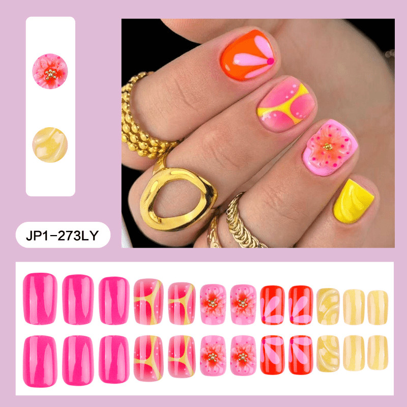 48P Short Square Press on Nails, Orange Pink 3D Floral Y2K Glossy Fake Nails