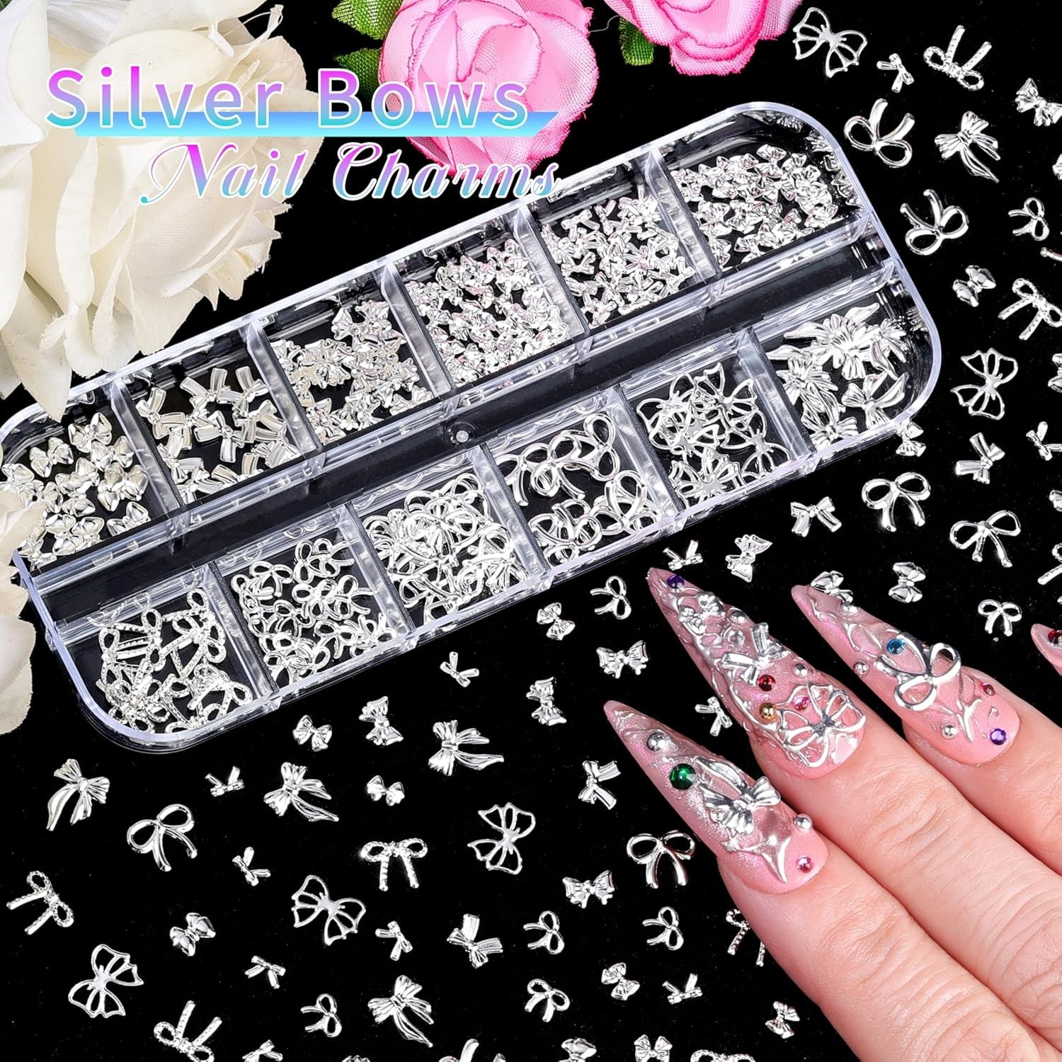 Compatibility Nail Art Charms Kit 5 Boxes Gold Silver Metal 3D Studs Stickers…