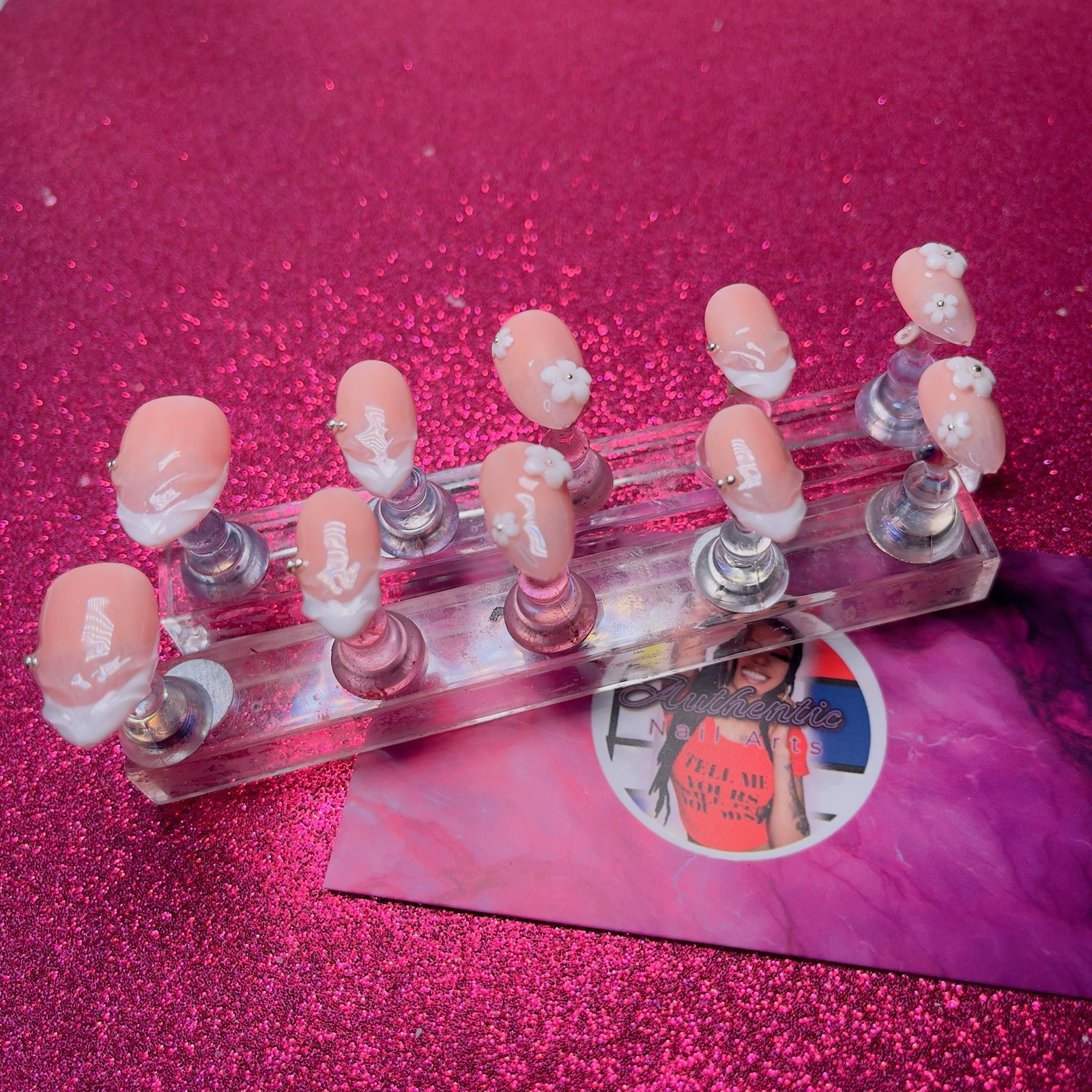 Almond Press-On Nails Peach White French 3D Flower by Authentic Nail Arts by Dia