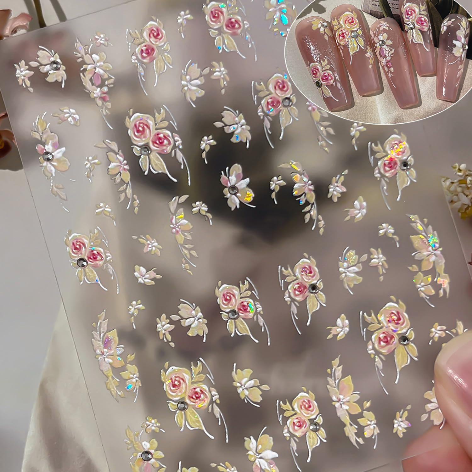 1Pcs Flower Nail Art Stickers Decals 5D Embossed Pink Flower Nail Decals Cute Sm